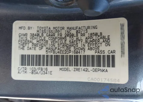 2013 Toyota Corolla Le z USA, uszkodzony, nr VIN 5YFBU4EE2DP160417